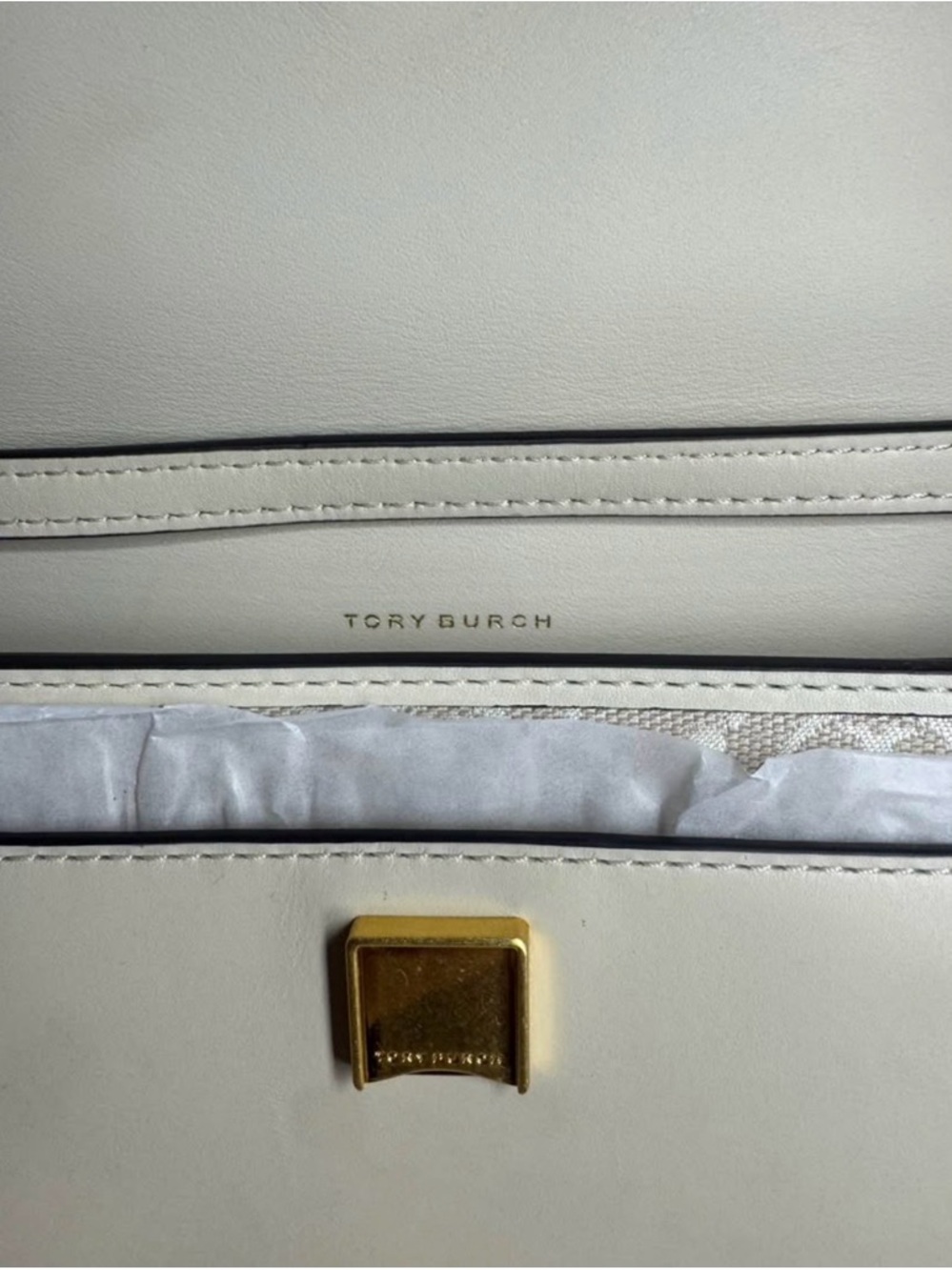 Tory Burch Beige Logo-Pattern Flap Crossbody with Brown Strap - Picture 8 of 9